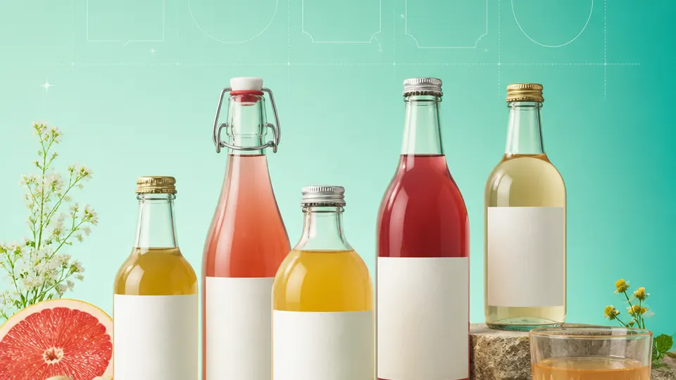 Homebrewers, kombucha makers, small wineries, and independent beverage producers products with blank labels on a mint-to-teal grid background