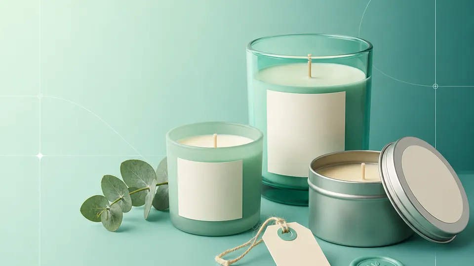 Candle makers, studios, market sellers, and small-batch home-fragrance brands products with blank labels on a mint-to-teal grid background
