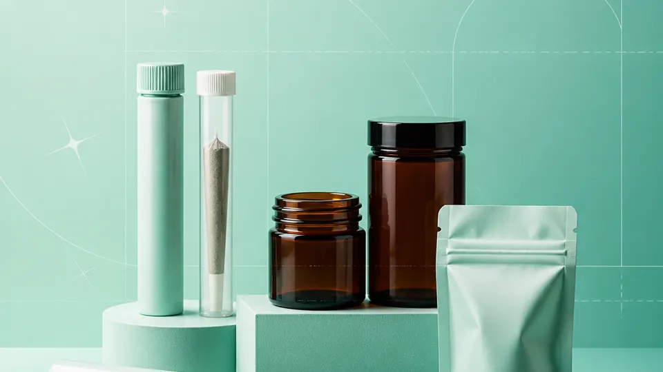 Dispensaries, cultivators, processors, edibles makers, craft brands, delivery teams, and hemp or CBD businesses products with blank labels on a mint-to-teal grid background