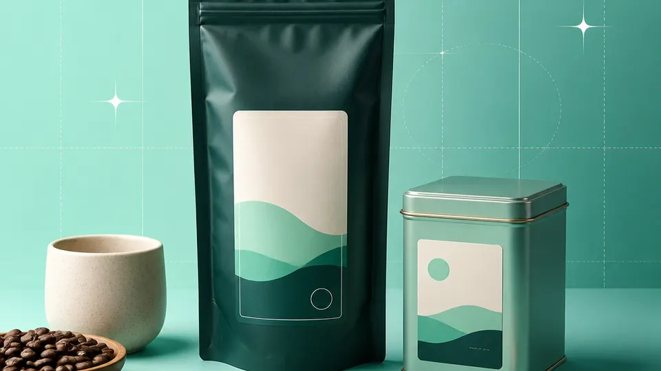 Independent coffee roasters, tea blenders, cafes, and small beverage brands products with blank labels on a mint-to-teal grid background