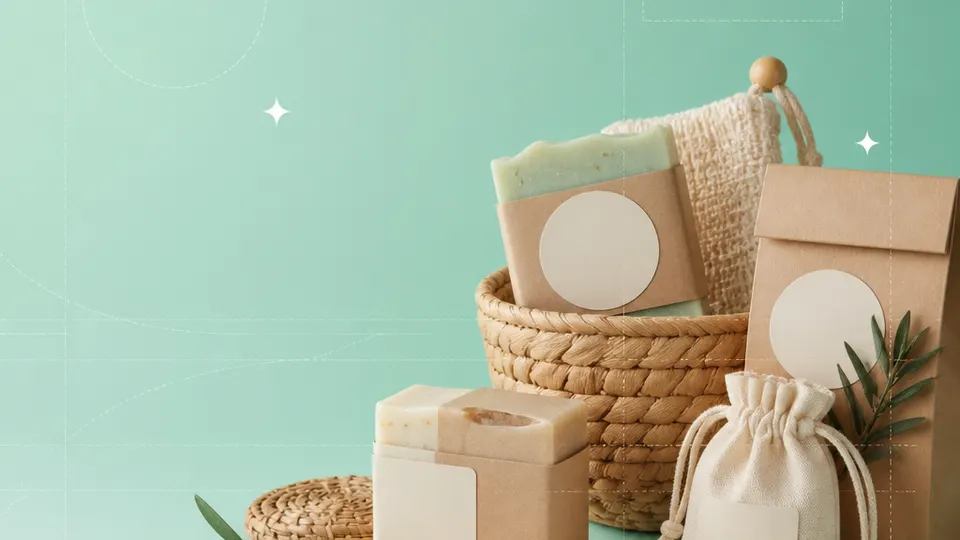 Makers, craft studios, market vendors, and small handmade-product businesses products with blank labels on a mint-to-teal grid background