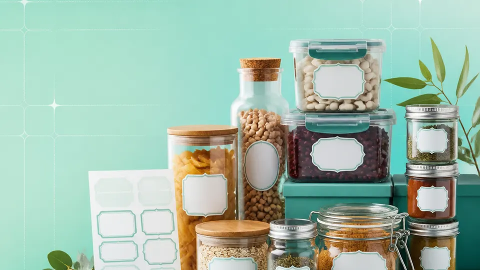 Households, home organizers, shared kitchens, and small pantry teams products with blank labels on a mint-to-teal grid background