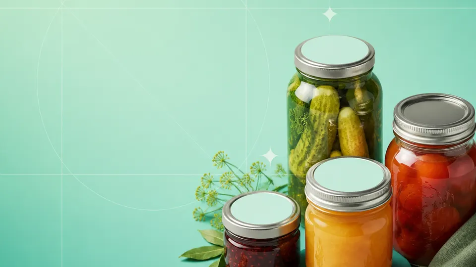 Preserve makers, canning kitchens, honey producers, and small-batch pantry brands products with blank labels on a mint-to-teal grid background