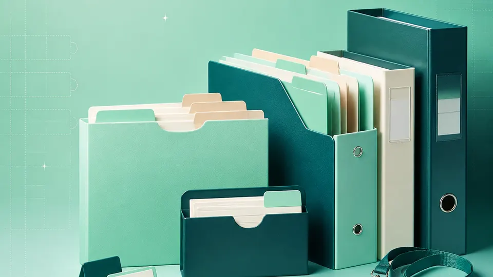 Office managers, school offices, clinics, studios, and small organizations products with blank labels on a mint-to-teal grid background