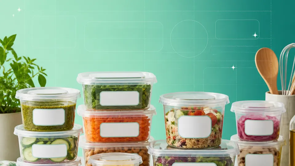 Restaurant kitchens, meal-prep teams, caterers, and food-service operations products with blank labels on a mint-to-teal grid background