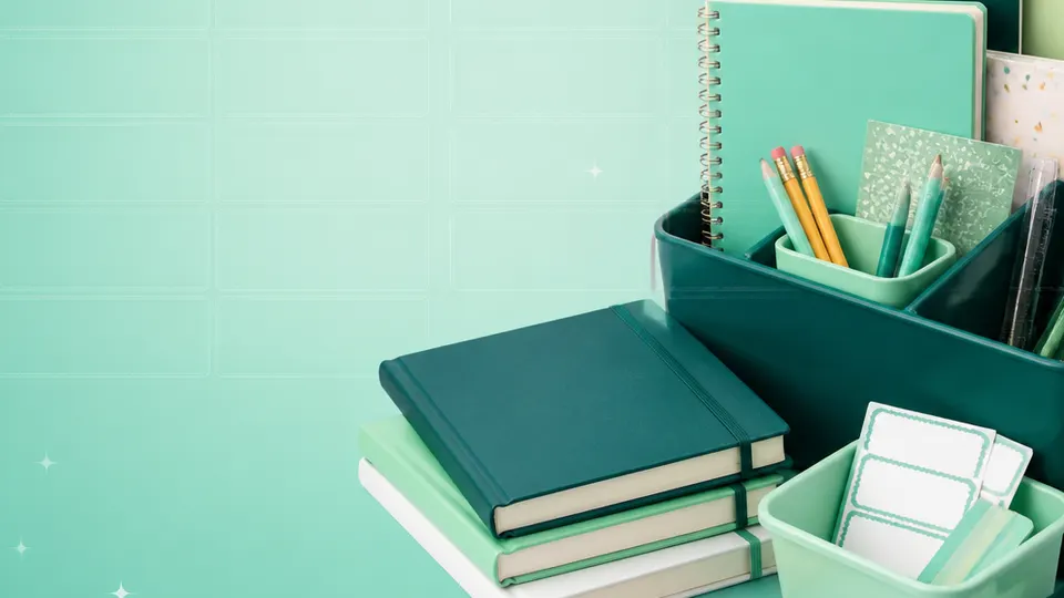 Teachers, school offices, libraries, and classroom coordinators products with blank labels on a mint-to-teal grid background