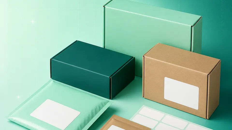 Online sellers, small shops, makers, and teams sending customer mail products with blank labels on a mint-to-teal grid background