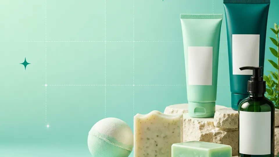 Soap makers, bath-product studios, skin-care makers, and small personal-care brands products with blank labels on a mint-to-teal grid background
